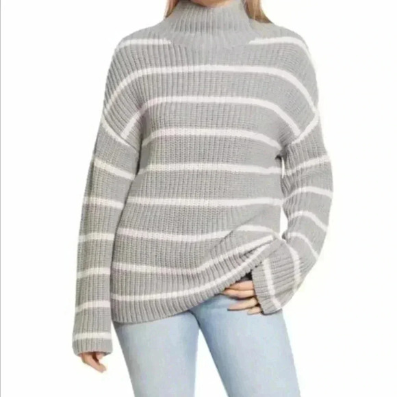 Caslon Grey and Pink Stripped Mock Neck Sweater L - Picture 1 of 6